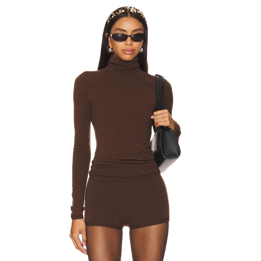 Wolford Brown Fine Virgin Wool Blend Lightweight Turtleneck, Small Minimalist